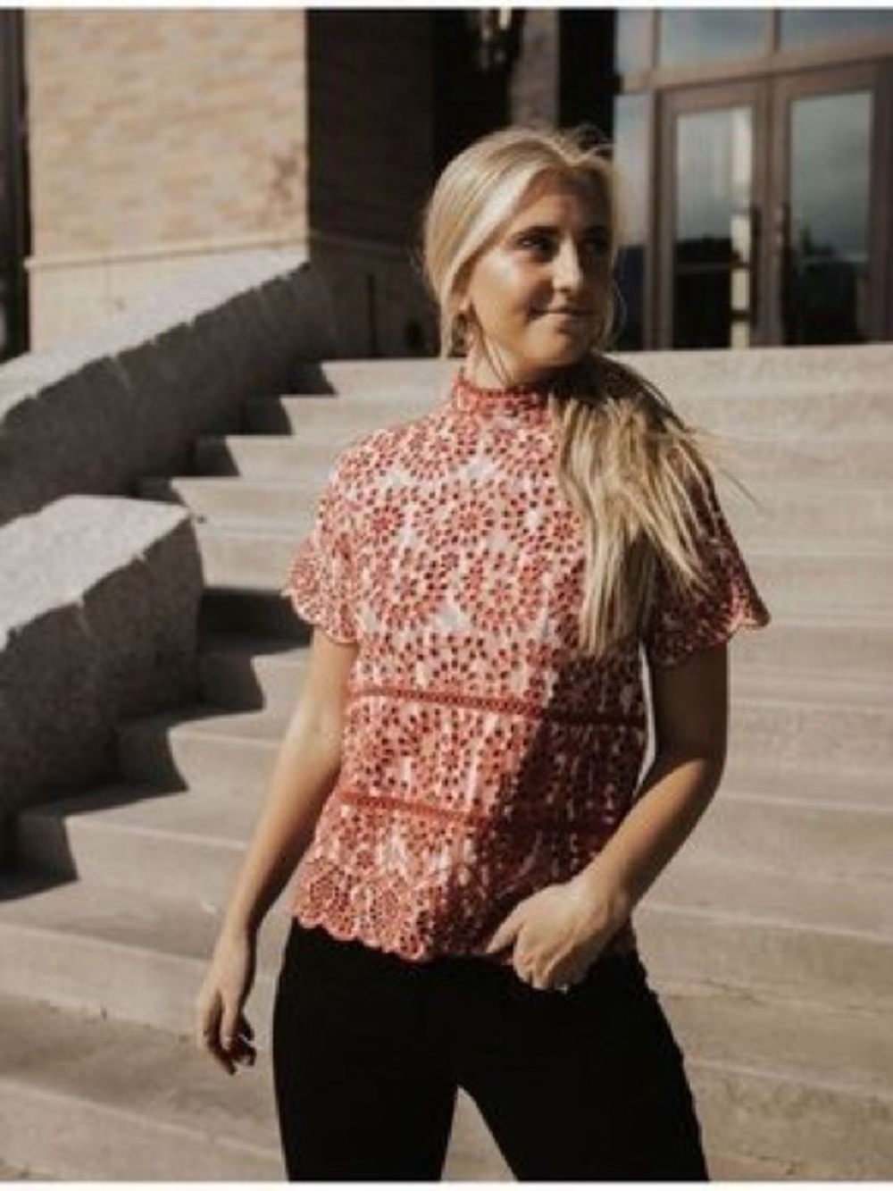 Floral Lace Mock Neck Top in Rust Pink - Women